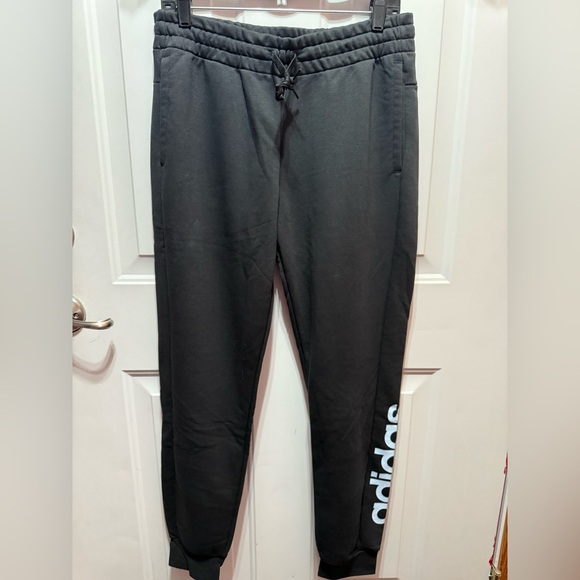 Women’s Adidas Black Jogger-Style Sweat Pants Lt Blue Letters Front Pockets M - Picture 1 of 5
